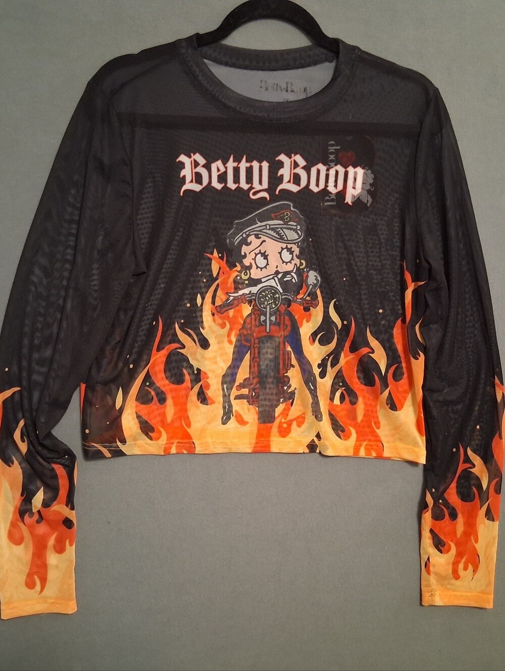 Betty Boop Black Mesh LS Crop Top with Orange Flame Graphic Women's 1X